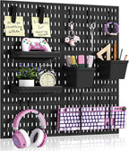 AKTOP Peg Board Wall Organizer 4-Pack – 12"x12" Black Pegboard Combination Kit with 13 Accessories for Wall, Plastic Peg Boar