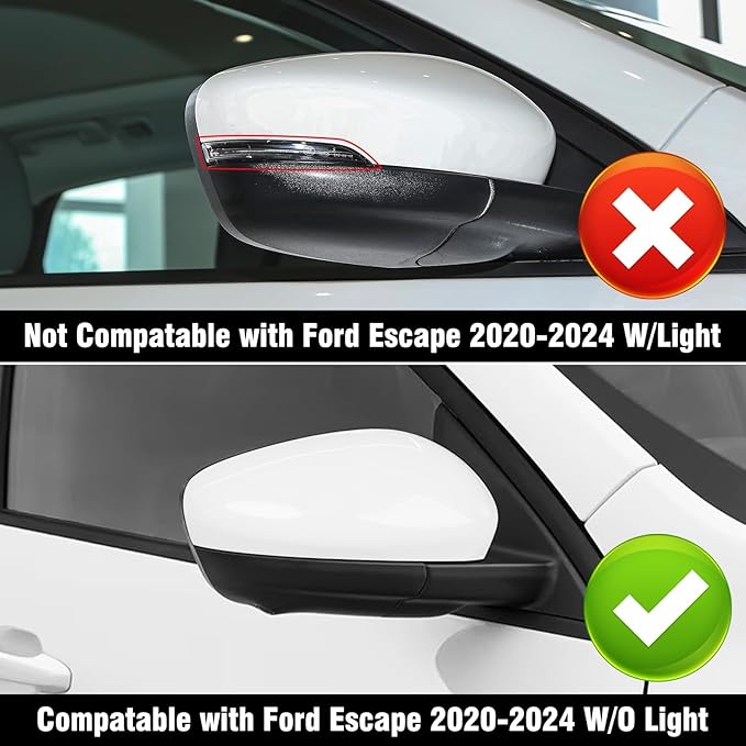 Compatible with Ford Escape SE/SEL Right Passenger Side Mirror Cap Cover 2020 2021 2022 2023 2024, White Side Door Rearview Mirror Cover Replacement Without Turn Signal Light