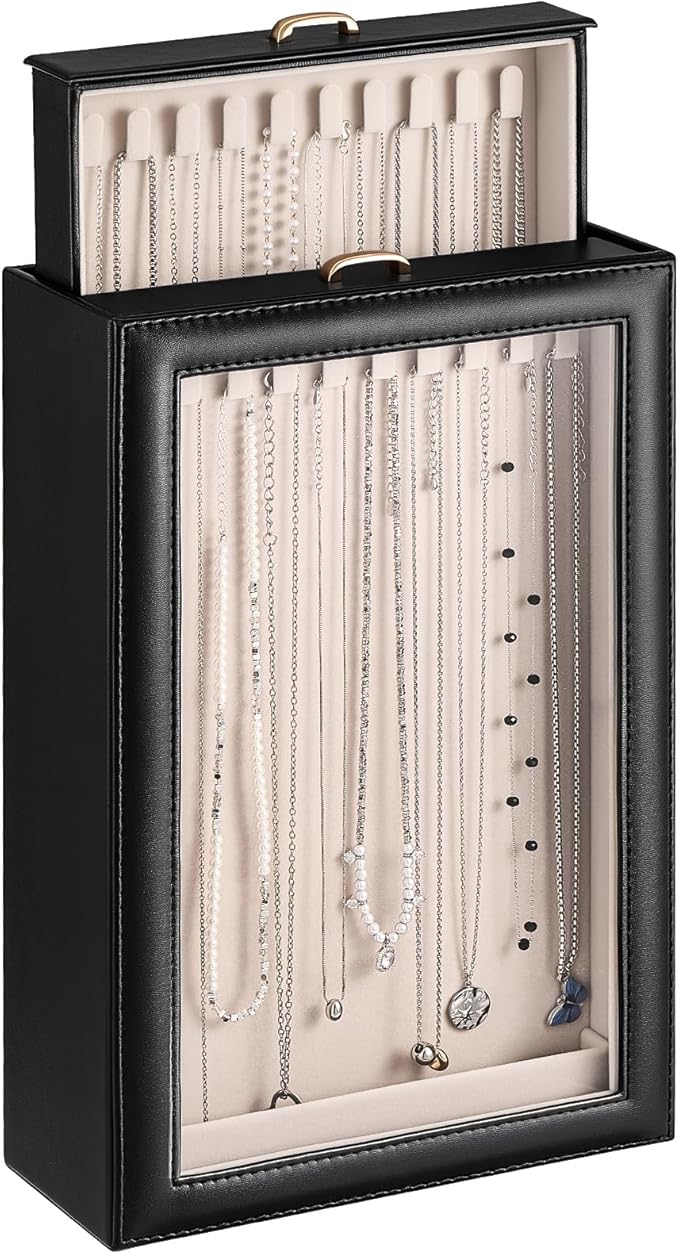 Lolalet Necklace Organizer Box, Jewelry Storage Box with Clear Window for Necklaces Bracelets, Tangle-Free Necklace Display C