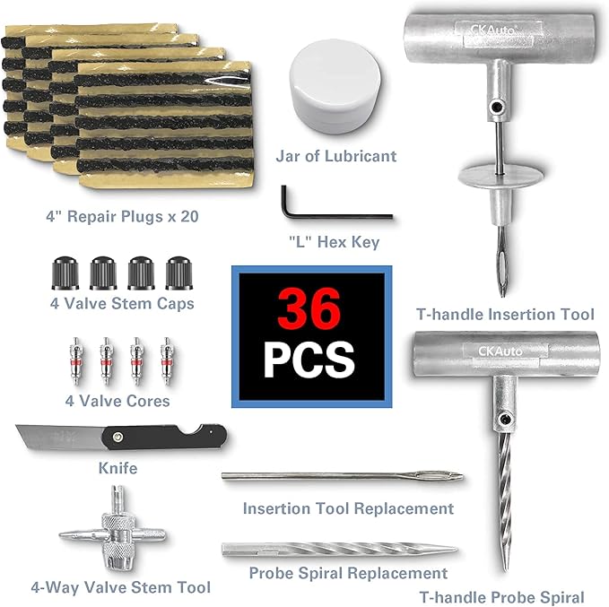 CKAuto Universal Tire Repair Kit, Heavy Duty Car Emergency Tool Kit for Flat Tire Puncture Repair, 36 Pcs Value Pack, Tire Pl