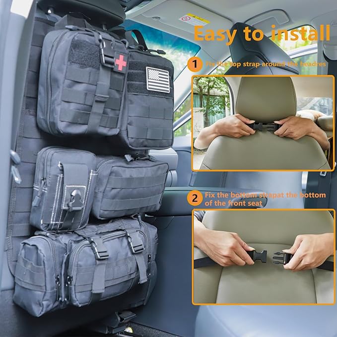 tactical car seat back organizer and storage truck seat covers with a Molle Vehicle Panel and 5 Different Size Molle Pouches for most models such as Jeep,SUV,Pickup(Black)