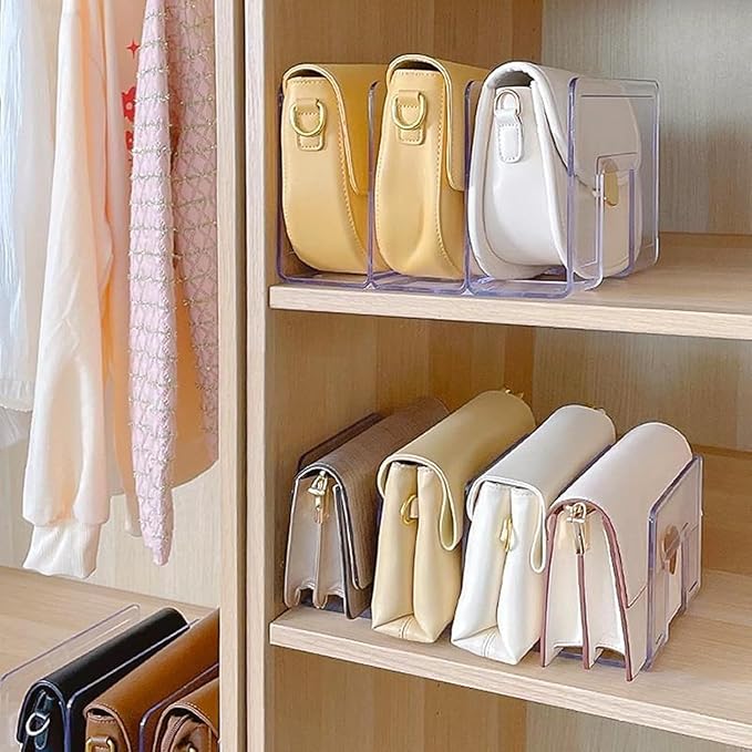 YAGELI Clear Acrylic Purse Organizer for Closet, 3-4 Section Desk File Sorter, 2.95" Wide Slots for Clutches, Handbags, Binde