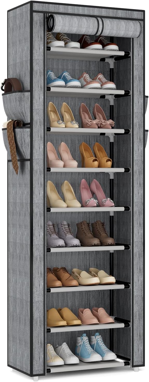 VILICK Shoe Rack with Cover Narrow Shoe Rack Organizer with 4 Side Pockets 10 Tier Tall Shoe Storage Shoe Shelf Holds 18-22 P