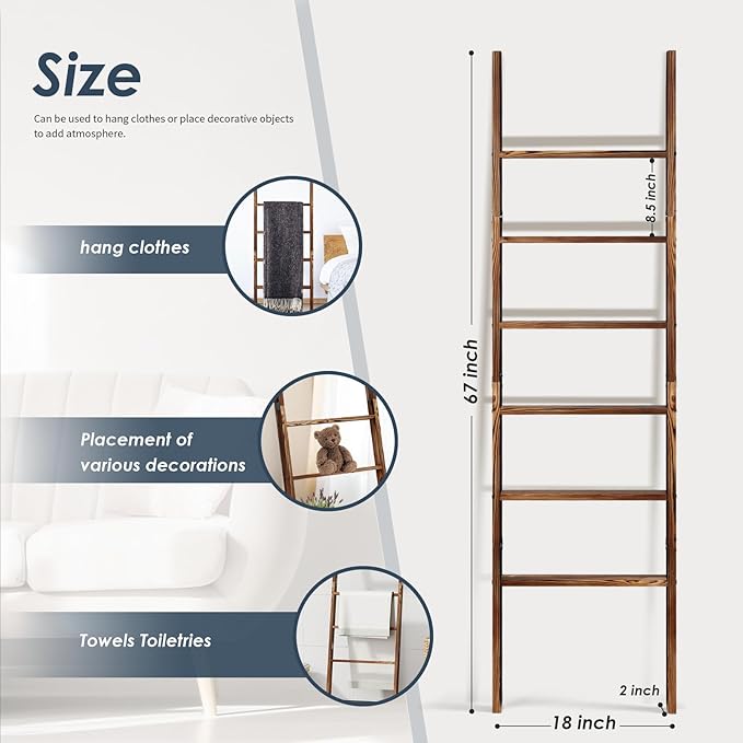 6-Tier Blanket Ladder Wooden, 5.7FT(66.5'') Blanket Quilt Towel Holder Rack Decorative Ladder, Easy Assembly, Rustic Farmhous
