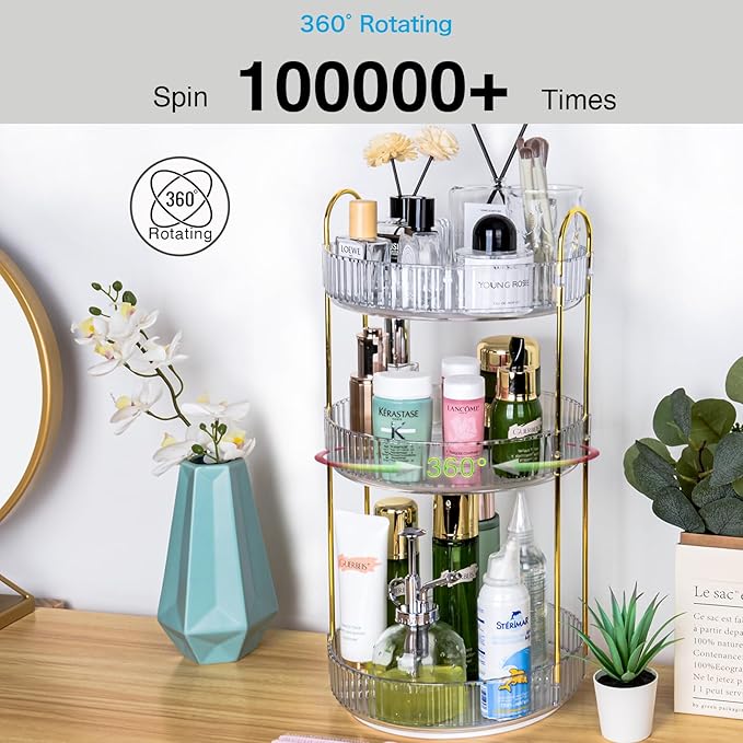 360 Rotating Makeup Organizer - Large Capacity Spinning Perfume & Cosmetic Skincare Holder for Countertop (Pearl White, 3 Tie