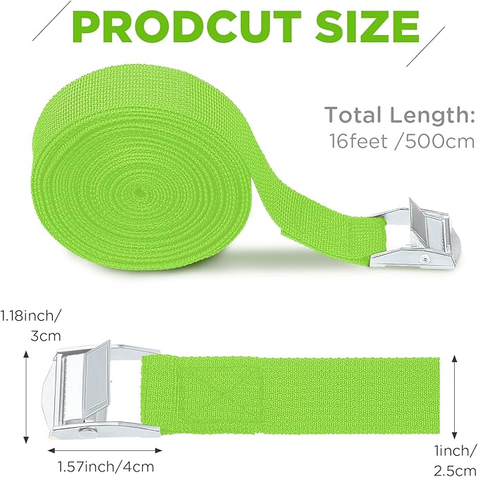 Riakrum 15 Pack 16 Feet Lashing Straps Adjustable Kayaks Tie Down Cam Buckle Straps with Buckles up to 250lbs for Cargo, Luggage, Motorcycles, Truck, Car Roof Rack, Sup Surfboard(Green)