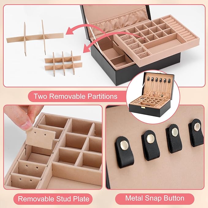 Gifturbo Jewelry Boxes for Women, Black 2-Layer Jewelry Organizer Box with Removable Tray, PU Leather Jewelry Storage Girls, 