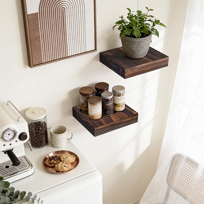 Floating Wall Shelves 6.8x6.8x1.7 Inch – Solid Wood Square Shelves in Walnut Finish – Rustic Mini Display Shelves for Entrywa