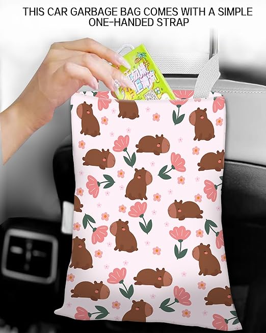 Car Trash Can, Durable Hanging Car Trash Garbage Bag, Cute Automotive Garbage Cans Organizer, Cute Brown Bear Flower