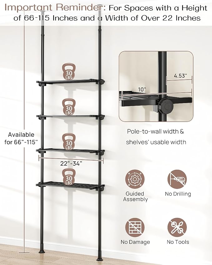 ALLZONE Over The Toilet Storage Cabinet, 4-Tier Adjustable Bathroom Shelves, 22-34 Inch Wide, Tension Mounted Organizer, Spac