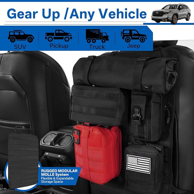 Tactical Car Seat Back Truck Organizer With Detachable MOLLE Pouches Universal for SUV Vehicle Nylon Storage Panel Seat Organizer for Overlanding, Camping & Emergency Gear(6 Pack Black)