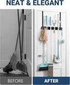 Lorbro Broom Holder Door Mount, Over the Door Broom and Mop Holder with 2 Over Door Hooks, Wood Broom Hanger, Tool Rack Organ