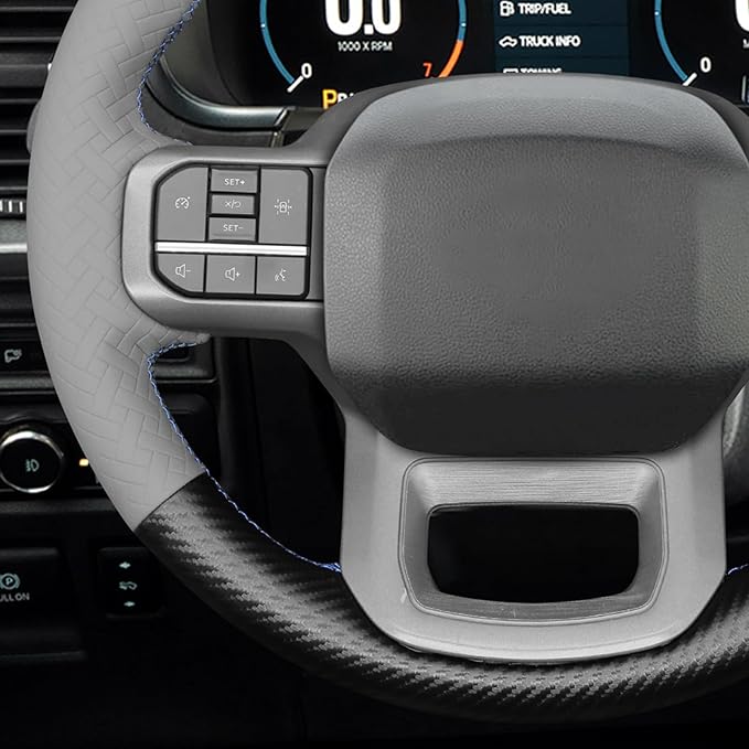MEWANT Matte PU Carbon Fiber Grey Embossed Faux Leather Steering Wheel Wrap for Ford F150 Lightning F350 2024 Expedition