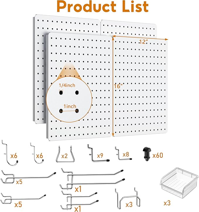 Peg Board, 110pcs Metal Pegboard Kit, Includes 4 Pack White Peg Board Panels with Accessories and Hook Locks, Large Heavy Dut