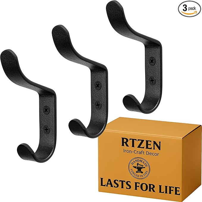 RTZEN Wall Mount Hook Set - Wrought Iron Decorative Rustic Metal Coat Hooks for Hanging - Handcrafted Classic Farmhouse Wall 
