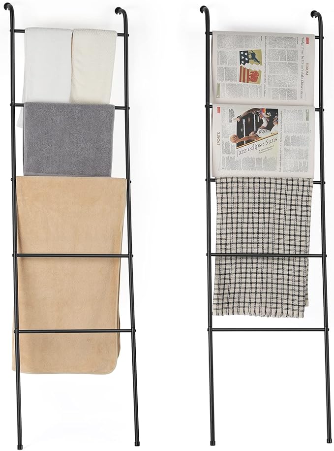 Metal Blanket Ladder Set of 2 Black Blanket Ladders for The Living Room Towel Ladder Rack Holder for Bathroom Bedroom (Black)
