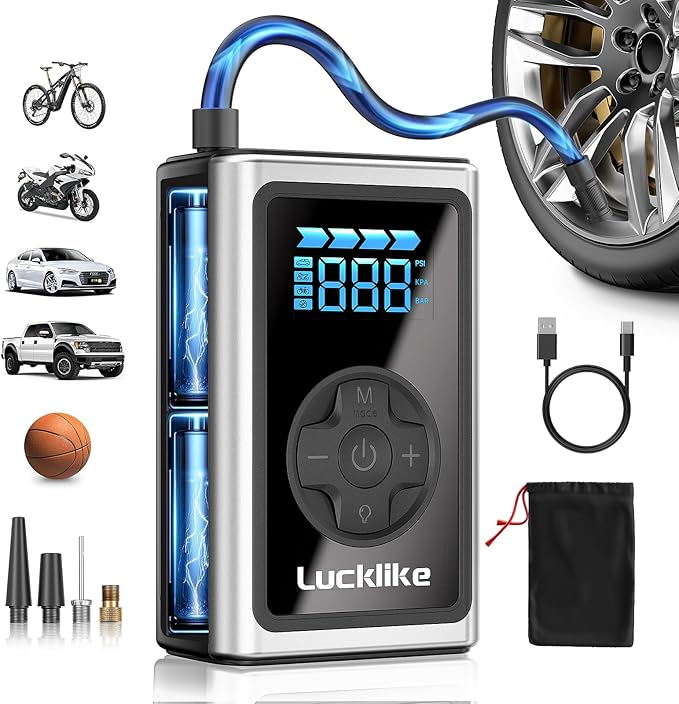Lucklike Tire Inflator Portable Air Compressor, 150PSI Cordless Portable Air Pump for Car Tires with Pressure Gauge & LED Lights- 5X Faster Tire Pump for Car, Motorcycle, Bicycle and Balls