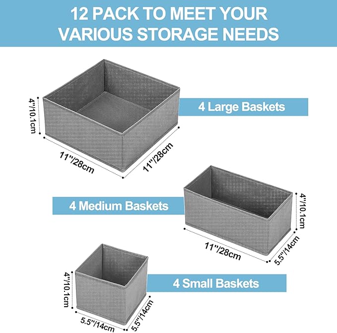 homyfort 12 Pack Dresser Drawer Organizers and Storage Bins for Clothing, Baby Clothes, Bra, Underwear, Socks (Grey)