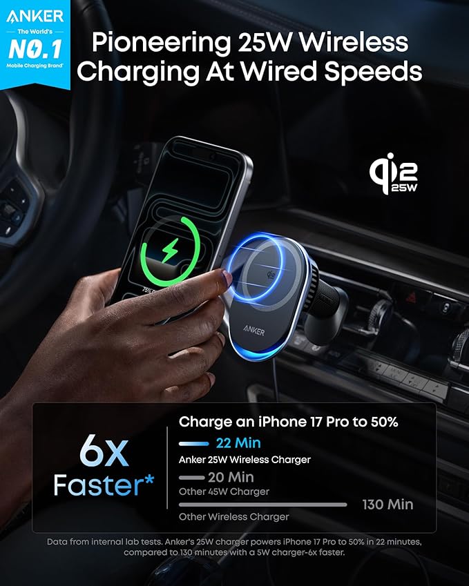 Anker Prime MagSafe Car Mount Charger, Qi2 25W Certified Wireless Car Charger with TEC Cooling, Strong Magnets, Air Vent Mount for iPhone 17-12 Series (Check Vent Compatibility, Includes 60W Adapter)