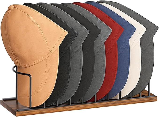 SWTYMIKI Hat Stand for Baseball Caps - Wood & Metal Tabletop Hat Organizer Storage Display Rack, Holds up to 10 Caps for Desk