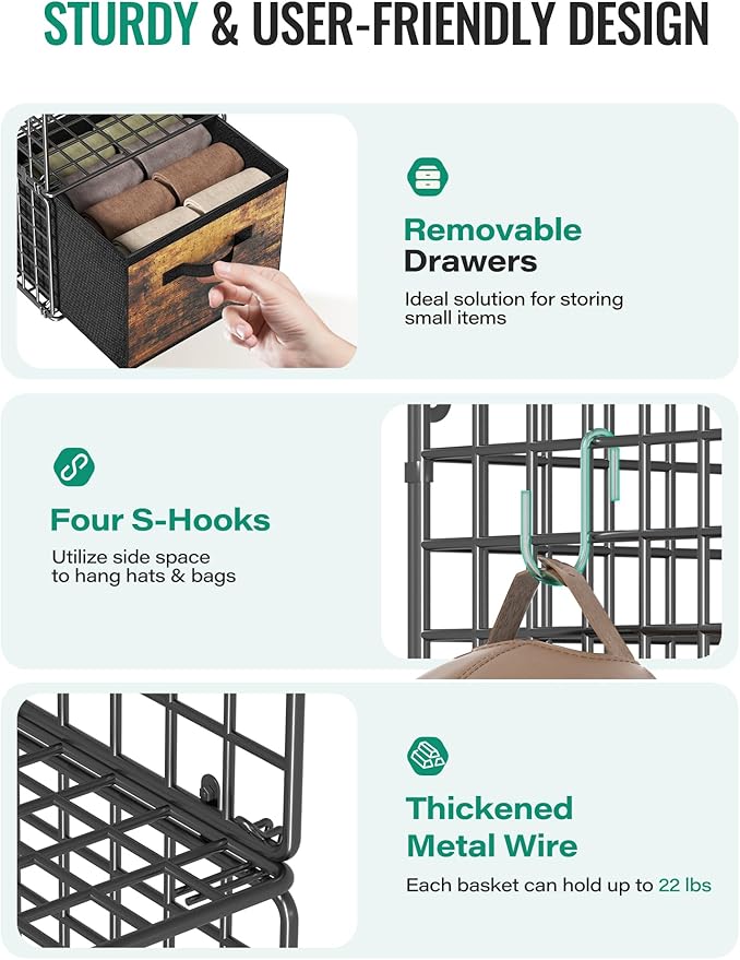 Hanging Closet Organizer with Drawers, 4 Tier Metal Closet Organizers and Storage with 4 Hanging Hooks 4 S-Hooks for Wardrobe