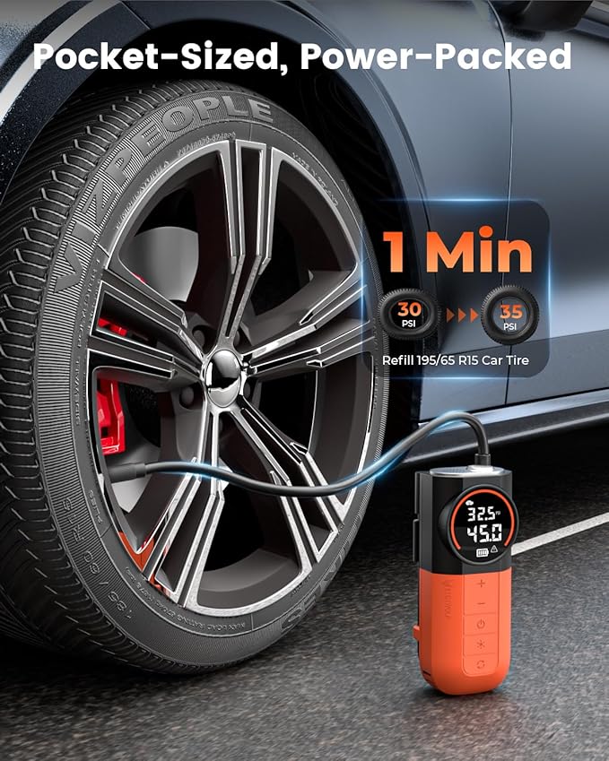 ETENWOLF S1 Tire Inflator Portable Air Compressor, 160PSI Air Pump for Car Tires, Bike, Motorcycle, Balls, Fast Inflation Tire Pump, Cordless bike Pump with LED Light & Digital Pressure Gauge (Orange)