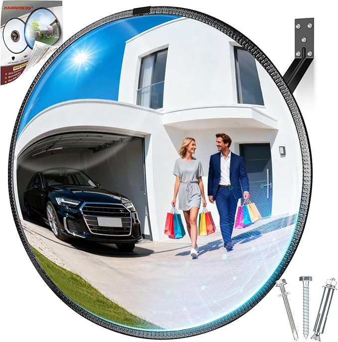 New Upgraded 22" HD Convex Mirror - 160° Adjustable Wide Angle View, Leather Frame & ABS Back, Traffic Mirror for Indoor/Outdoor Use in Garage, Warehouse, Driveway, Store & Office Security