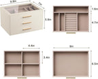 pickpiff Jewelry Box Organizer Case for Women: 3-Layer Jewelry Storage Case with Glass Window, Ivory Leather with Pink Velvet