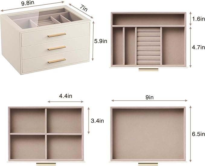 pickpiff Jewelry Box Organizer Case for Women: 3-Layer Jewelry Storage Case with Glass Window, Ivory Leather with Pink Velvet