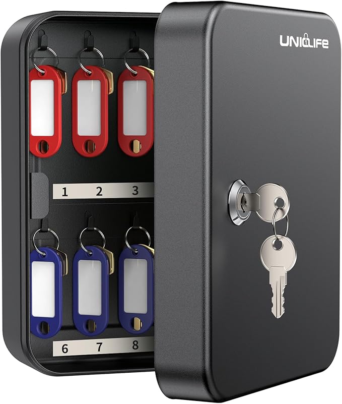 Uniclife 20 Position Key Cabinet with Key Lock Wall Mounted Black Security Storage Box Steel Key Organizer with Colorful Key 
