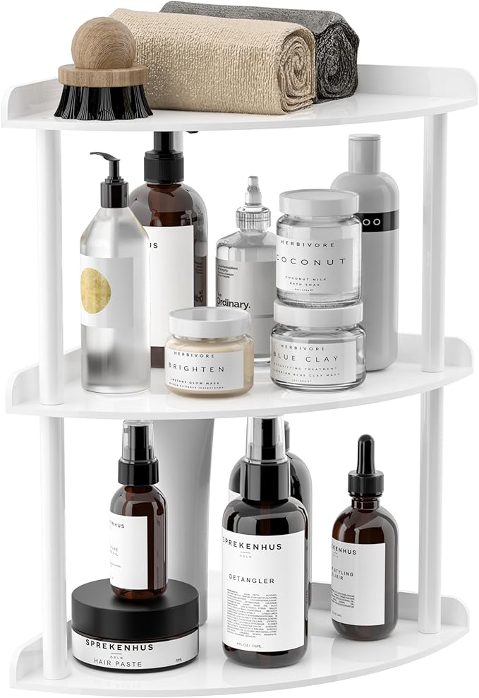 Sezanrpt 3 Tier Acrylic Corner Shelf Organizer Storage 9.5x9.5x15.7 Inch, White Countertop Corner Shelf for Bathroom, Kitchen