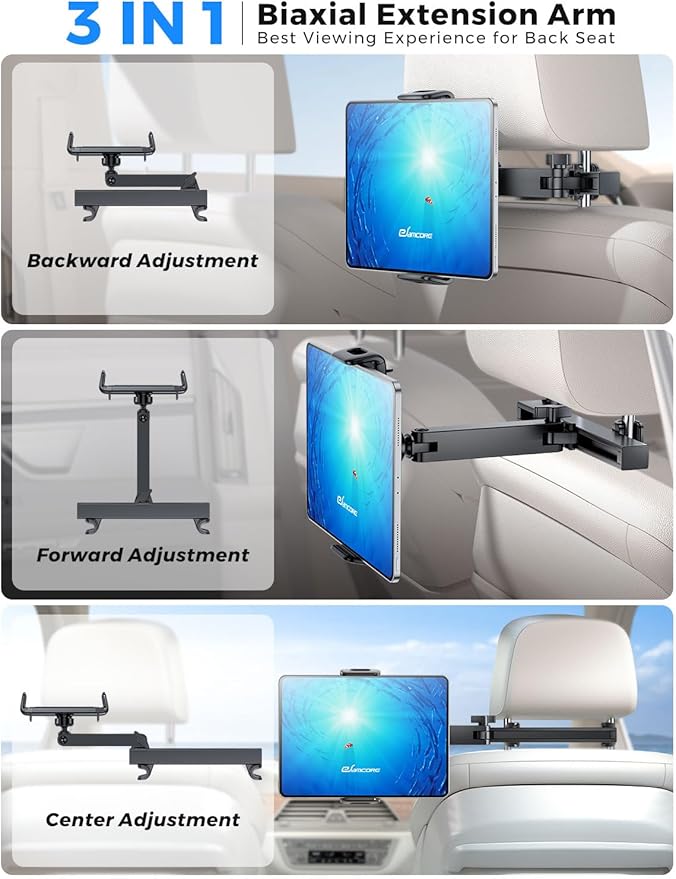 eSamcore Headrest Tablet Holder for car, Back Seat [3 in 1 Extension Arm] Fit iPad Car Mount Road Trip Essentials for Kid Backseat Car Accessories for 4.7"-11" iPad Pro, Air, Mini, Fire HD Tablet