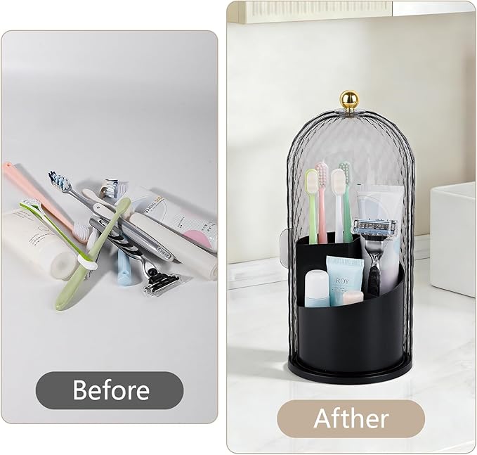Toothbrush Holder with Cover for Bathroom Countertop, Rotating Organizer for Electric Tooth Brush and Toothpaste, 3-Slot Make
