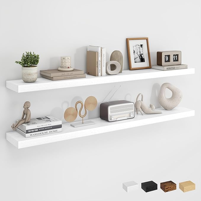 Dreamland 48Inch Floating Shelves for Wall, Rustic Wooden White Floating Shelves for Living Room, Kitchen, Farmhouse, Deep Wa