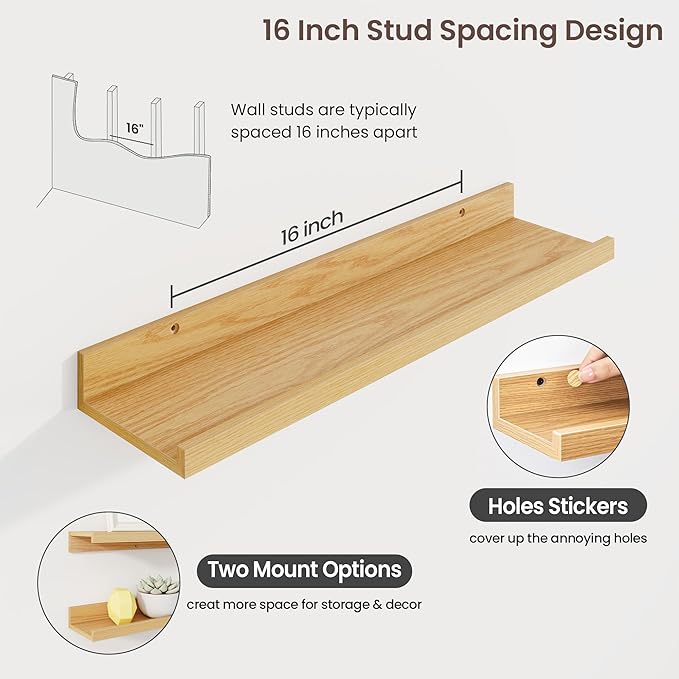 Axeman Picture Ledge Shelf | 24 Inch Oak Floating Shelves Set of 3 | Rustic Wood Wall Shelves with Lip | 24" Oak Picture Shel