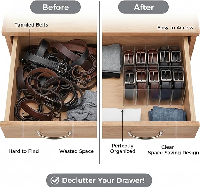 4-Pack Belt storage Organizer for Closet with Removable Dividers - 5 Compartments & Handles Drawer organization and storage f