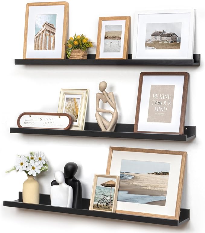 Picture Ledge Wall Shelves - 36 Inch Width Set of 3, Solid Pine Wood Rustic Floating Ledge Shelves for Kids' Room, Bedroom, K