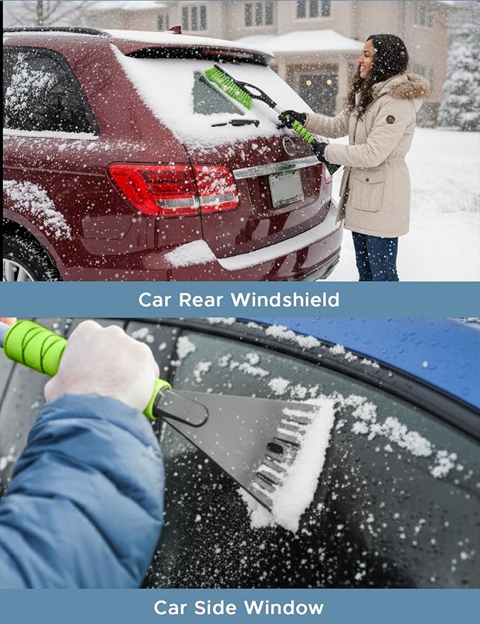 27" Snow Brush and Ice Scrapers for Car Windshield (1 Pack), Window Ice and Snow Scraper with Ergonomic Foam Grip, Snow Windshield Scraper with Aluminum Body, Winter Car Accessories (Green)