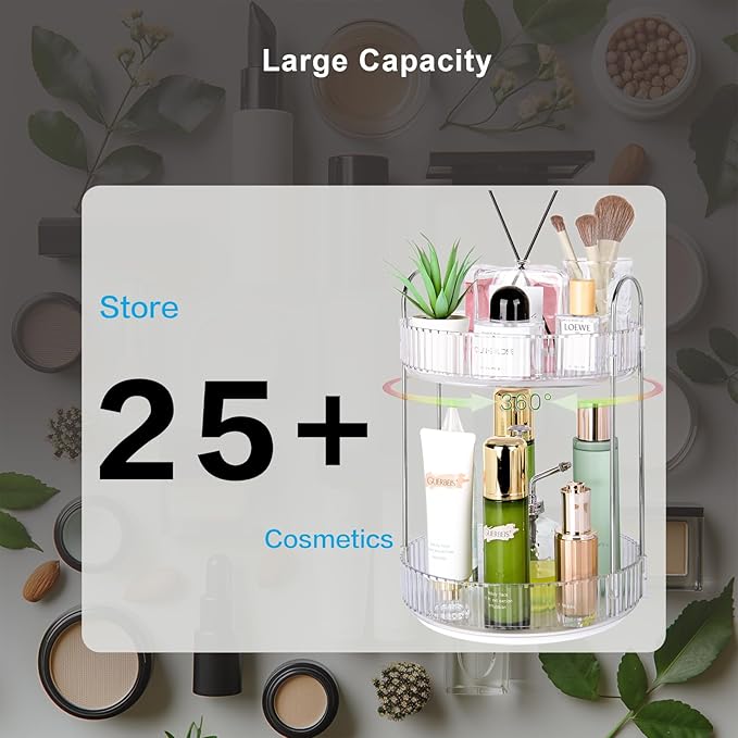 360 Rotating Makeup Organizer, 2 Tier Lazy Susan Bathroom Counter Organizer, Skincare Organizers, Spinning Perfume Organizer 