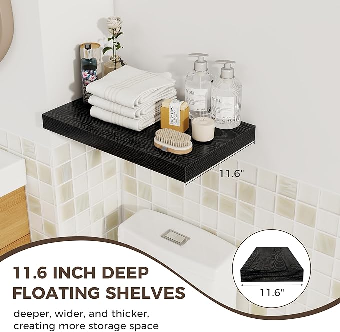 Fun Memories 12 Inch Deep Floating Shelves for Wall, 20 Inch Long Wall Mounted Storage Shelf with Invisible Brackets, 3 Pack 