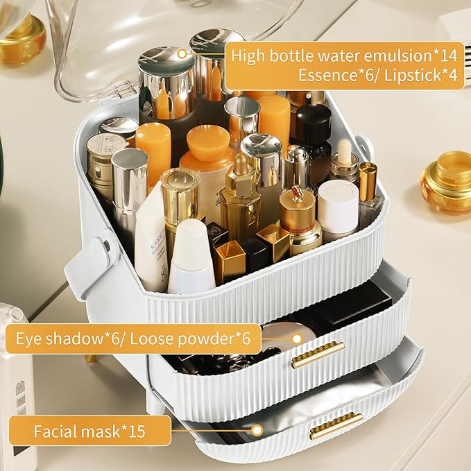 CANITORON Makeup Organizer,Skincare Organizer with 2 Drawers and Transparent Cover,Cosmetic Display Case for Vanity Organizer