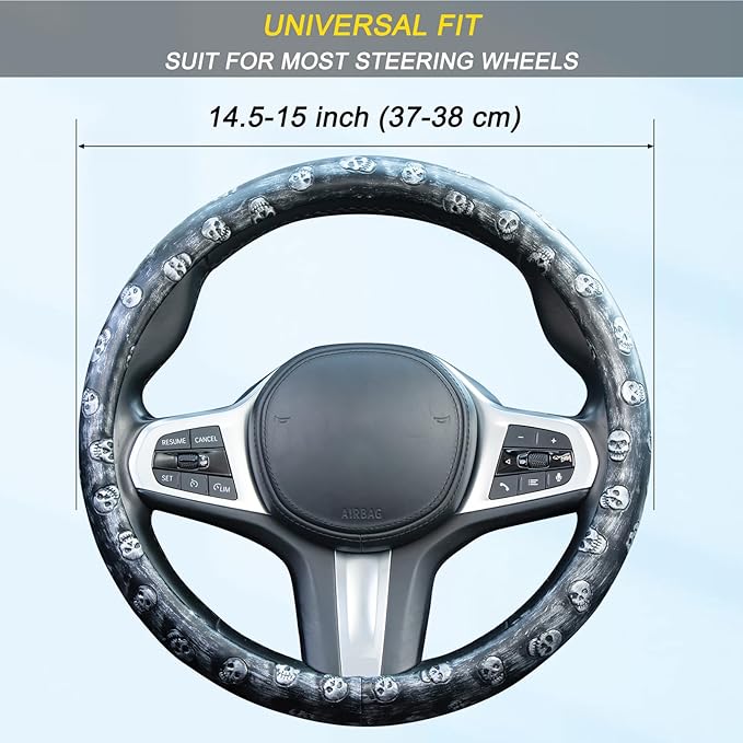 Embossed Skull Steering Wheel Cover, Skull Car Accessory, Microfiber Leather with Anti-Slip Lining, Fits 14.5"-15" Steering Wheels