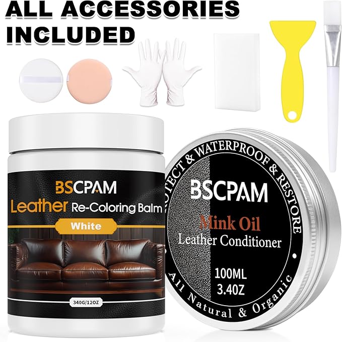 12oz Leather Recoloring Balm & 3.4oz Mink Oil Leather Conditioner kit,White Leather Color Repair Kits for Couches, Leather Co