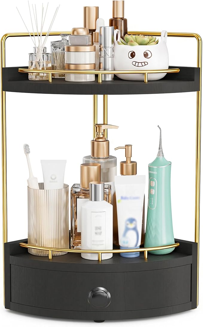 2-Tier Corner Bathroom Counter Organizer with Drawer & Embedded Screw Holes - Wooden Countertop Organizers for Skincare, Make