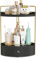2-Tier Corner Bathroom Counter Organizer with Drawer & Embedded Screw Holes - Wooden Countertop Organizers for Skincare, Make