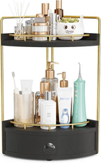2-Tier Corner Bathroom Counter Organizer with Drawer & Embedded Screw Holes - Wooden Countertop Organizers for Skincare, Make