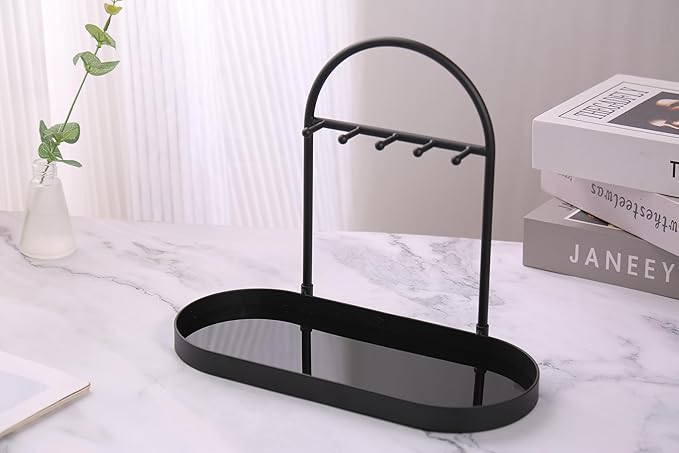Shinpuru Metal Jewelry Organizer Stand & Key Holder Tray with Acrylic Base, Key Stand and Jewelry Tray with 5 Hooks, Perfect 