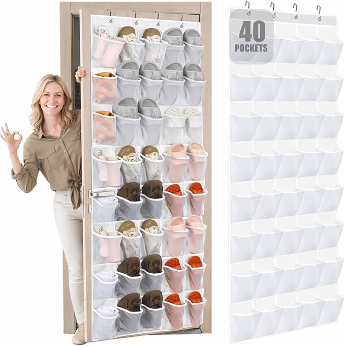 Windyun 40 Over the Door Shoe Organizer Large Breathable Mesh Pocket Clear White Hanging Shoe Rack for Closet Behind Door Han