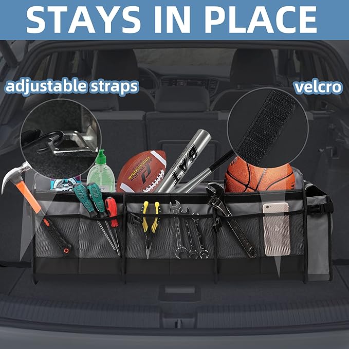 Large Trunk Organizer with Removable Cooler Bag-Collapsible Durable Multi Compartments w/ Foldable Cover, Non Slip Bottom Car