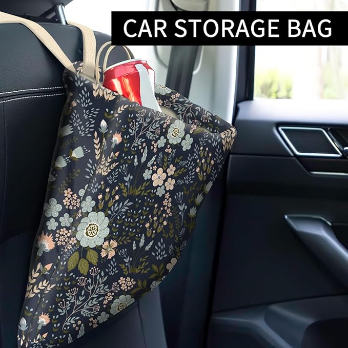 Car Trash Can, Cute Car Trash Bag, Hanging Car Organizer and Storage Bag, Trash Bin for Car Accessories, Vehicle, Travelling, Camping Dark Blue Florals